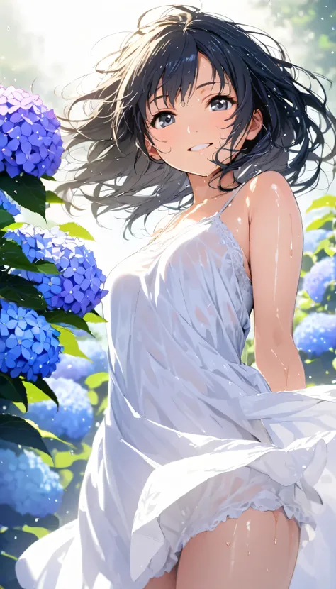 masterpiece, best quality, ultra-detailed, 8k, high resolution, Gentle colors, soft focus, dreamy background, White background, Hydrangea background, Delicate and dynamic, light rain, The wind is blowing, 1 girl, Long white camisole dress, Wet and shiny bl...