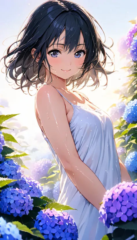 masterpiece, best quality, ultra-detailed, 8k, high resolution, Gentle colors, soft focus, dreamy background, White background, Hydrangea background, Delicate and dynamic, light rain, The wind is blowing, 1 girl, Long white camisole dress, Wet and shiny bl...