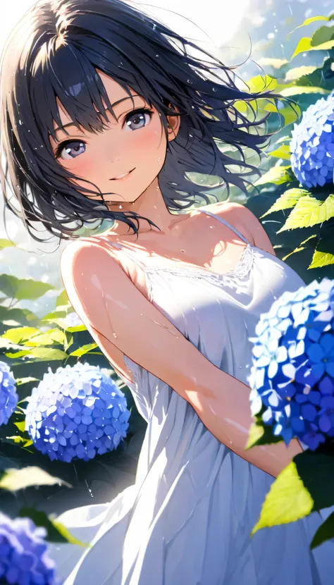 masterpiece, best quality, ultra-detailed, 8k, high resolution, Gentle colors, soft focus, dreamy background, White background, Hydrangea background, Delicate and dynamic, light rain, The wind is blowing, 1 girl, Long white camisole dress, Wet and shiny bl...