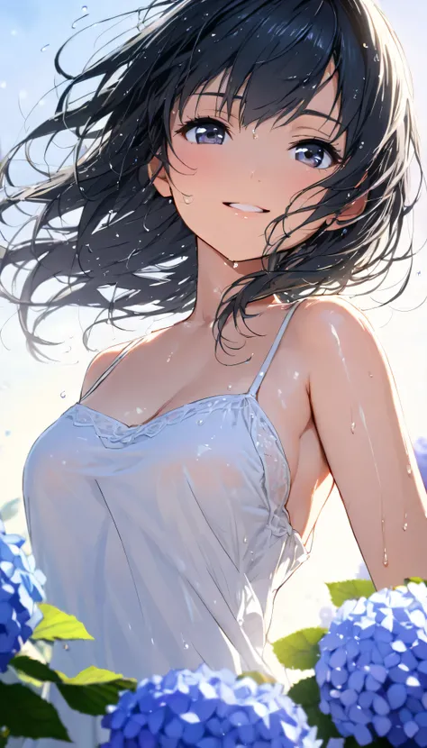 masterpiece, best quality, ultra-detailed, 8k, high resolution, Gentle colors, soft focus, dreamy background, White background, Hydrangea background, Delicate and dynamic, light rain, The wind is blowing, 1 girl, Long white camisole dress, Wet and shiny bl...