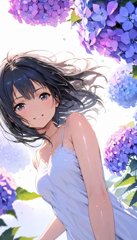 masterpiece, best quality, ultra-detailed, 8k, high resolution, Gentle colors, soft focus, dreamy background, White background, Hydrangea background, Delicate and dynamic, light rain, The wind is blowing, 1 girl, Long white camisole dress, Wet and shiny bl...
