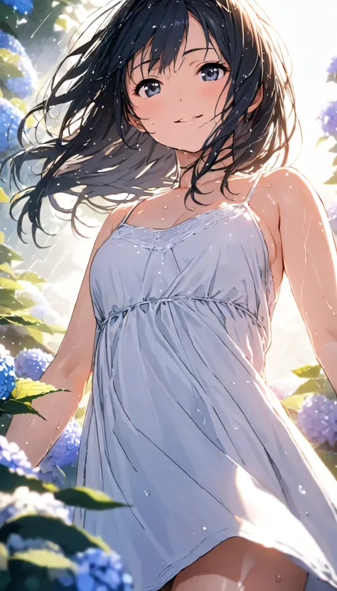 masterpiece, best quality, ultra-detailed, 8k, high resolution, Gentle colors, soft focus, dreamy background, White background, Hydrangea background, Delicate and dynamic, light rain, The wind is blowing, 1 girl, Long white camisole dress, Wet and shiny bl...