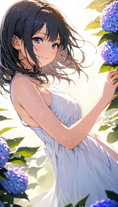 masterpiece, best quality, ultra-detailed, 8k, high resolution, Gentle colors, soft focus, dreamy background, White background, Hydrangea background, Delicate and dynamic, light rain, The wind is blowing, 1 girl, Long white camisole dress, Wet and shiny bl...