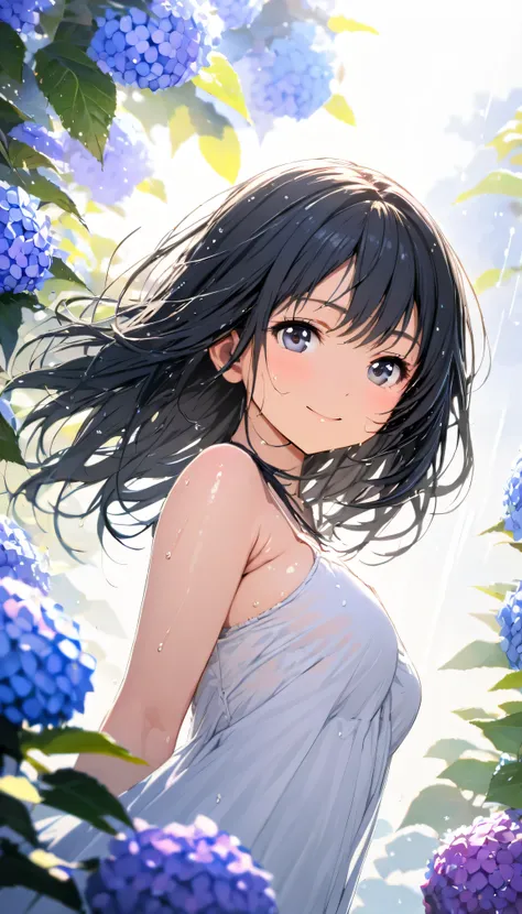 masterpiece, best quality, ultra-detailed, 8k, high resolution, Gentle colors, soft focus, dreamy background, White background, Hydrangea background, Delicate and dynamic, light rain, The wind is blowing, 1 girl, Long white camisole dress, Wet and shiny bl...