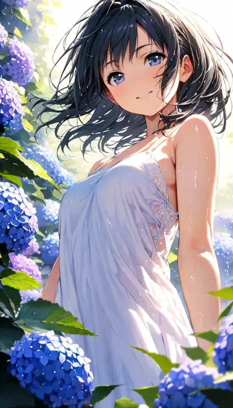 masterpiece, best quality, ultra-detailed, 8k, high resolution, Gentle colors, soft focus, dreamy background, White background, Hydrangea background, Delicate and dynamic, light rain, The wind is blowing, 1 girl, Long white camisole dress, Wet and shiny bl...