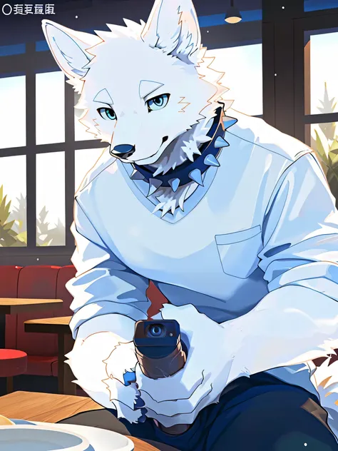 ((All white fur:1.5)),  solo, perfect sky blue eyes, Spiked collar, ( artist :Arashi Takehoto), Mature face, Elders, longeyelashes, (Reach out:1.5), (Clear facial details), wearing a very large white shirt|black pants, slim, A snow wolf is sitting in a str...
