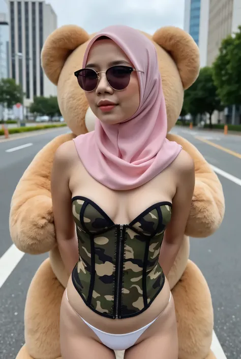 WEARING A PINK SUNGLASSES 😎 MALAY SCARF HIJAB GIRL WEARING camouflage print PLAIN STRAPLESS CORSET AND MINI PLAIN PANTIES , (realistic, photo-realistic:1.4), ((Flat Chest)), ((TEARS)). KEDUA BELAH TANGAN DILETAK DIBELAKANG PUNGGUNG', background Di tengah K...