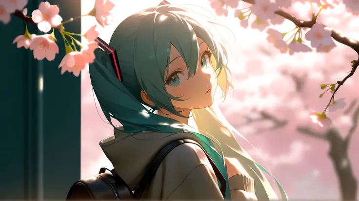 solo,1girl,hatsune miku,bag,backpack,looking at viewer,hood,blurry,hoodie,white background,upper body,cherry blossoms,branch,flower,from side,open mouth,grey hoodie,hair between eyes,hood down,blurry foreground,long sleeves,depth of field,parted lips,hair ...