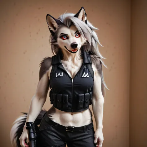 Loona, furry, fluffy tail, solo, dressed in a tactical jumpsuit, black tactical vest with multiple pockets, holding a P90 in hands, front view, high-range shot, ultrahigh details, ultra-realistic photo, two-tone fur, gray fur, anthro, wolf girl, animal nos...
