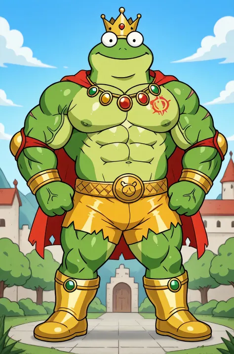A green giant cartoon 2d frog king, gigantic chin, biggest muscular body, ginomous biceps enormous pectorals, golden bracelets with colorful jewels, golden necklaces with colorful jewels, golden chest, golden wrestler champions belt, Red headband. Golden w...