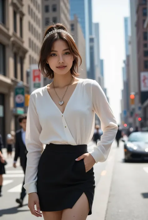 (A woman standing on a New York street)、(masterpiece、top quality、real、work、very detailed、8k)、(wide angle lens、Full Body Female愛))、One person、Woman with light makeup 、Exquisite Features、Smile Yan、 Exquisite Crystal Jewelry 、Heart Necklace、crystal headband、l...