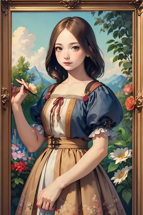 394 ((young woman)),(short hair),(Neat hair),(floral dress),(Leonardo da Vinci style paintings)