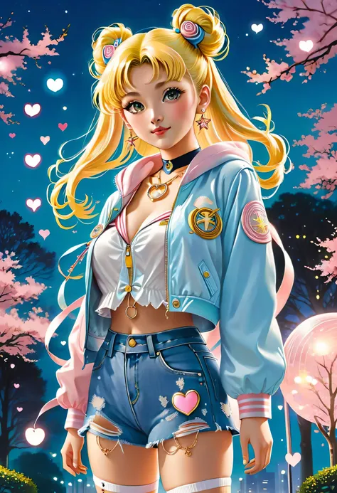 Create a vibrant artwork of Usagi Tsukino in a modern city park at dusk, her iconic twin buns adorned with star-shaped hair clips, wearing a stylish yet practical outfit—a pastel bomber jacket, ripped jeans, and sneakers. She’s mid-transformation, surround...