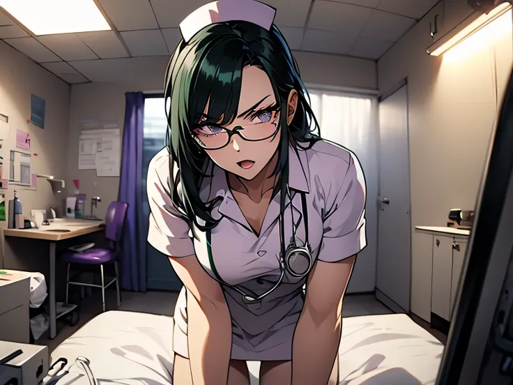 nsfw、HD Images、high resolution、woman staring at you、Very Dark Scene、angry expression、 green hair、PURPLE EYES、wears glasses、((( nurse)))、((( nurseキャップ)))、(((I'm having surgery)))、 The operating room at night、(((nurse)))、white short tight skirt、The operating...