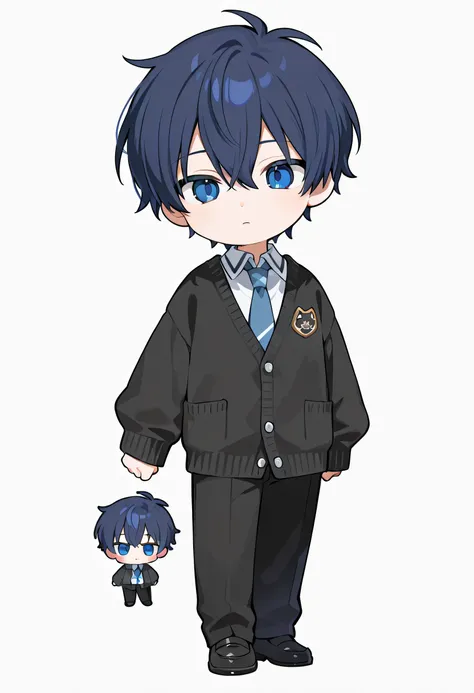 One chibi character　white background　 male　dark blue short hair　blue eyes　No expression　bungs　 school's　black cardigan　black pants　chibi character　chibi character　little character　Full Body　Pose　 male　poce