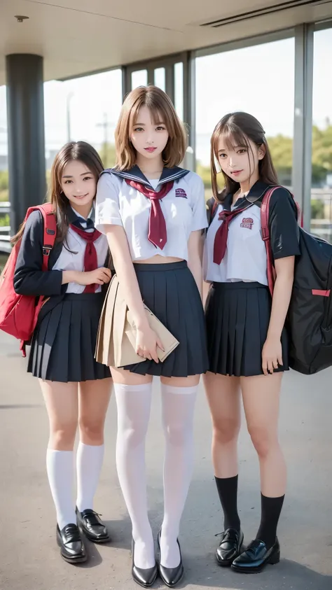 ((((There are 4 people :1.8))))、((isters))、Gal、(Neon Streets)、(((4 tall high school students so、Model-like figure:1.8)))、(standing facing this direction), full body photography、(((Gal達の修学旅行の集合写真:1.7)))、(Wide thigh, とてもlong leg), high heels on the ground, c...
