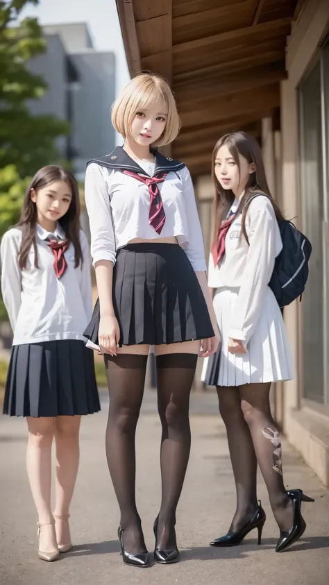 ((((There are 4 people :1.8))))、((isters))、Gal、(Neon Streets)、(((4 tall high school students so、Model-like figure:1.8)))、(standing facing this direction), full body photography、(((Gal達の修学旅行の集合写真:1.7)))、(Wide thigh, とてもlong leg), high heels on the ground, c...
