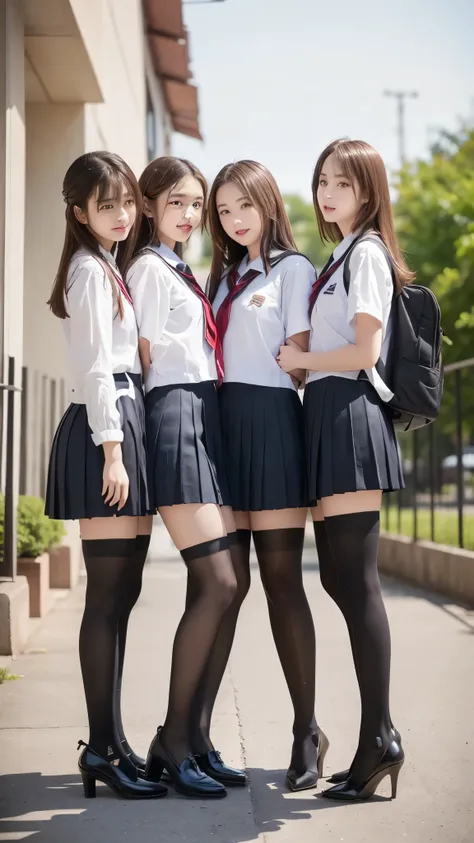 ((((There are 4 people :1.8))))、((isters))、Gal、(Neon Streets)、(((4 tall high school students so、Model-like figure:1.8)))、(standing facing this direction), full body photography、(((Gal達の修学旅行の集合写真:1.7)))、(Wide thigh, とてもlong leg), high heels on the ground, c...