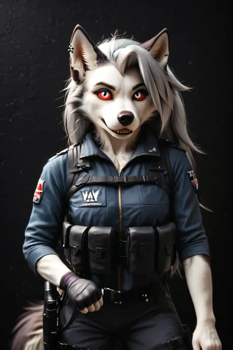 Loona, furry, fluffy tail, solo,tactical jumpsuit, black tactical vest with multiple pockets, holding P90 in hands, front view, high-range shot, ultrahigh details, ultra-realistic photo, two-tone fur, gray fur, anthro, wolf girl, animal nose, wolf tail, re...