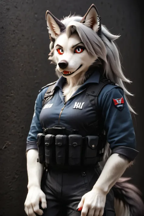 Loona, furry, fluffy tail, solo,tactical jumpsuit, black tactical vest with multiple pockets, holding P90 in hands, front view, high-range shot, ultrahigh details, ultra-realistic photo, two-tone fur, gray fur, anthro, wolf girl, animal nose, wolf tail, re...