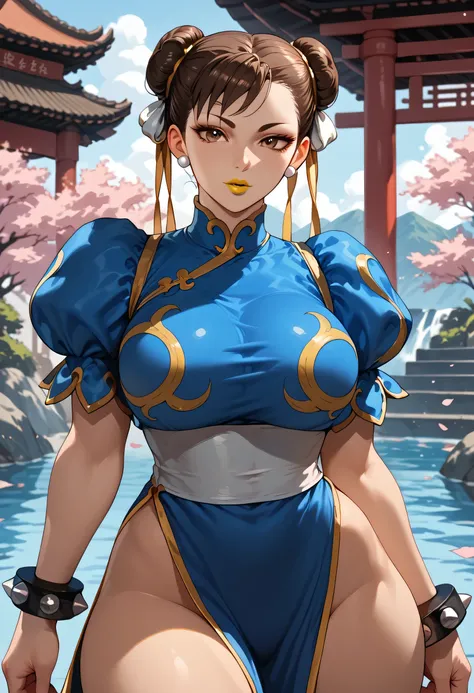 woman, brown hair, brown eyes, white skin, big breasts, yellow lipstick, anime style, Chun-li, blue dress, Japanese temple