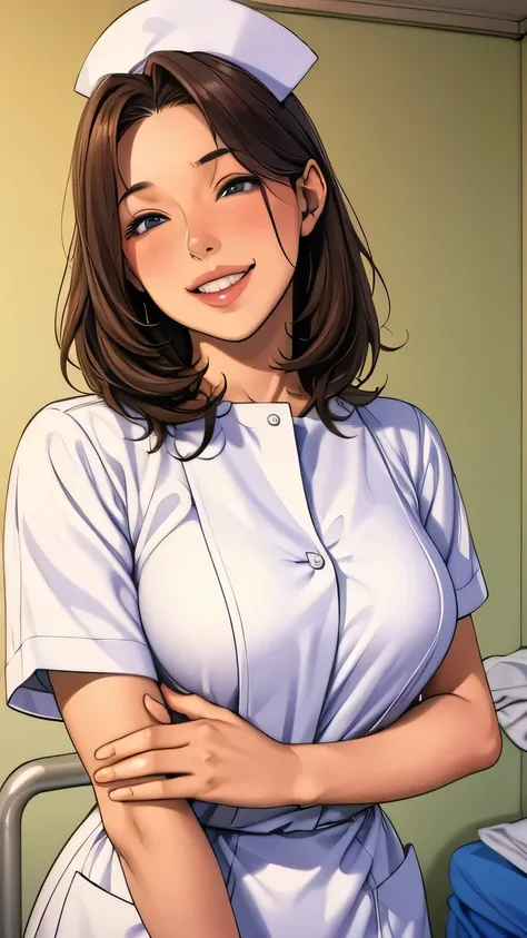 Baunshingu Chesu, Asymmetrical Breasts ,(motion line, ),  Fe male 1　 white nurse clothes　Hospital room　grin　injection