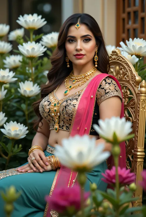 A beautiful Indian woman seated gracefully in an outdoor floral setting, wearing a traditional lehenga-choli ensemble with a richly embroidered Black blouse, sky blue skirt, and mustard-yellow dupatta draped across her shoulder. Her look is enhanced with i...