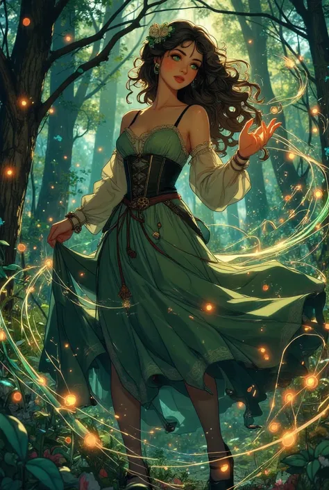 beautiful illustration, masterpiece, cinematic style, the high-budget, anime, best quality, detailed, beautiful colors, rich colors, magical Witch, uses a powerful spell, her dress is lifted by her incredible energy , beautiful hand movements, fireflies ar...