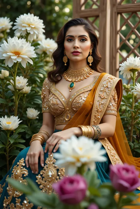 A beautiful Indian woman seated gracefully in an outdoor floral setting, wearing a traditional lehenga-choli ensemble with a richly embroidered Black blouse, sky blue skirt, and mustard-yellow dupatta draped across her shoulder. Her look is enhanced with i...