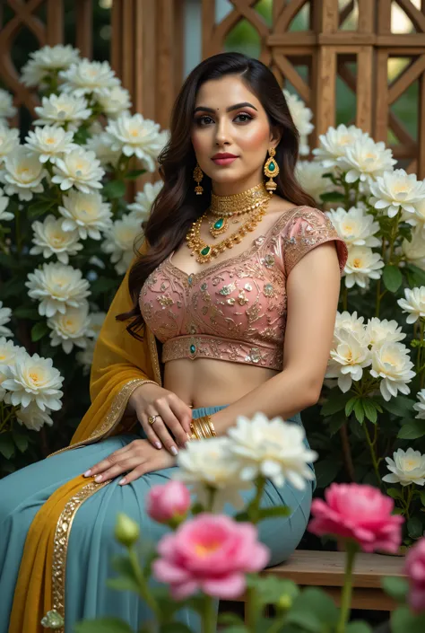 A beautiful Indian woman seated gracefully in an outdoor floral setting, wearing a traditional lehenga-choli ensemble with a richly embroidered Black blouse, sky blue skirt, and mustard-yellow dupatta draped across her shoulder. Her look is enhanced with i...