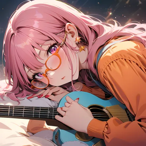 one girl、Rabbit's income glasses、star earrings、 orange long sleeve shirt 、pink overalls、Fluffy pink hair 、pink eyes、 red nails、playing light blue guitar、High Resolution, masterpiece, accurate,