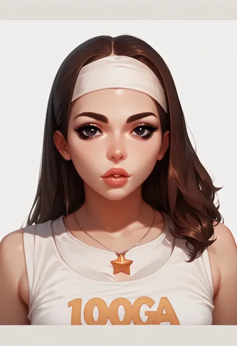 Perfect Face, Perfect Body, Dark Brown Hair, Long Side Ponytail Hair, (Bandhead), Black Normal Eyebrows, Black Eyes, Nose, Lips Without Makeup, Beautiful Face, Necklace Star, (Small Breasts, Perfect Breasts), (White Tank Top, Tank Top With Name 100%), Look...