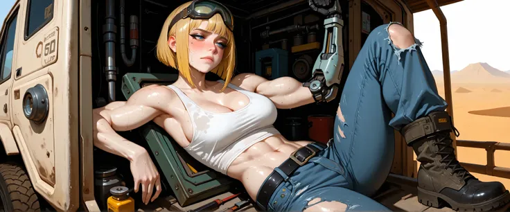 Wallpaper 4k, High resolution. Masterpiece, Solo adult female, amazing artist, perfect hands, perfect face, detailed face, High contrast, mecha female, cyber female, cyberpunk, mechanic, blue eyes, blonde hair, bob haircut, goggles on top of head, dirty sk...