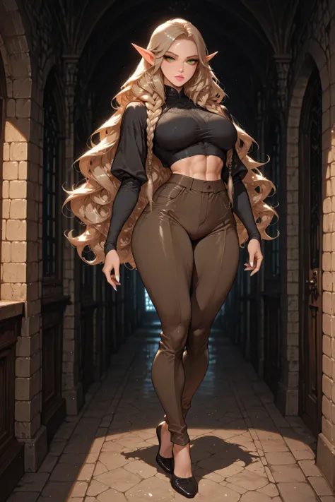 Elf, Young woman, adult female, medium plus plus sized breasts, 1girl, pink lips,, sharp gaze,  green eyes, golden eyeliner, golden hair(a few braids), dark brown pants, black shirt, medium plus plus sized breasts, toned body, white nails, very long hair, ...