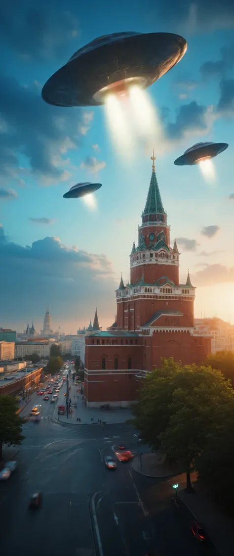 high res images、Moscow's urban area、SU-57 intercepting UFOs、creative image、UFO appearing above Red Square、UFO firing leather rays at the building、under a dramatic blue sky((masterpiece))、image of the stealth fighter SU-57 firing missiles in an attack start...