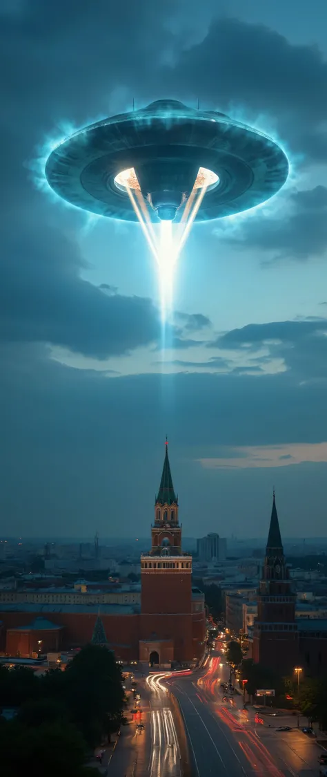 high res images、Moscow's urban area、SU-57 intercepting UFOs、creative image、UFO appearing above Red Square、UFO firing leather rays at the building、under a dramatic blue sky((masterpiece))、image of the stealth fighter SU-57 firing missiles in an attack start...