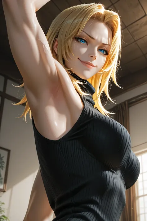 masterpiece, best quality, amazing quality, anime screencap, anime coloring, 1girl, solo, Tina_Armstrong, blonde hair, long hair, forehead, blue eyes, medium breasts, (muscular female:0.9), black sweater, sleeveless sweater, ribbed sweater, turtleneck, arm...