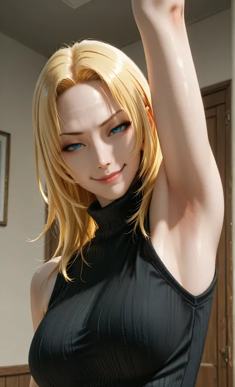 masterpiece, best quality, amazing quality, anime screencap, anime coloring, 1girl, solo, Tina_Armstrong, blonde hair, long hair, forehead, blue eyes, medium breasts, (muscular female:0.9), black sweater, sleeveless sweater, ribbed sweater, turtleneck, arm...