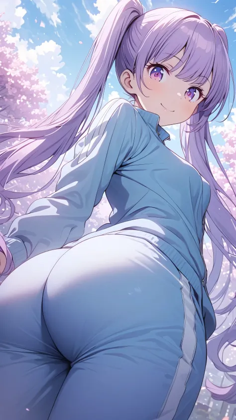 Highest quality,8k,Highly detailed CG unit wallpaper,masterpiece:1.2,Ultra-high resolution,RAW Photos,(beautiful girl: 1.3),Looks about 、 (Blue sweatpants:1.3), (The jacket is a blue track jacket..: 1.3), Rear view,flower field、from below,(looking down, wa...
