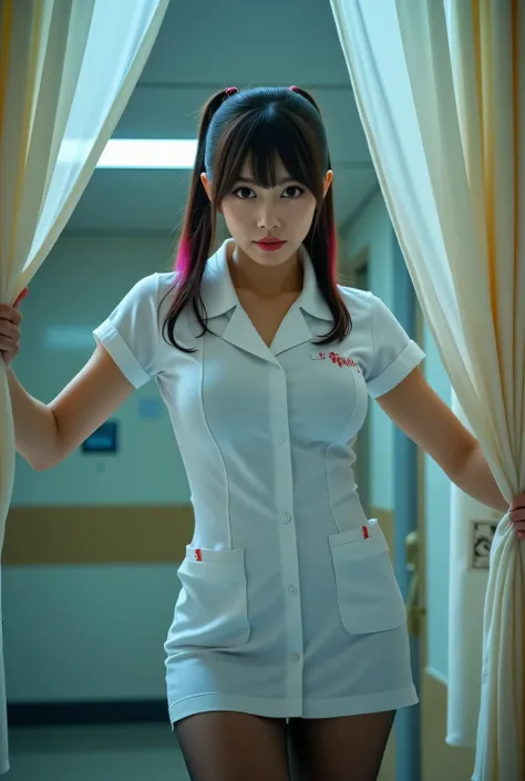 (Nurse skirt uniform), thighs wearing pantyhose.
Big breasts.
Fascinating hospital room.
Moment the curtains are opened.
Super beautiful Japanese woman, villainess, evil nurse, looks like a intimidating dominatrix, closed mouth, condescending gaze, staring...