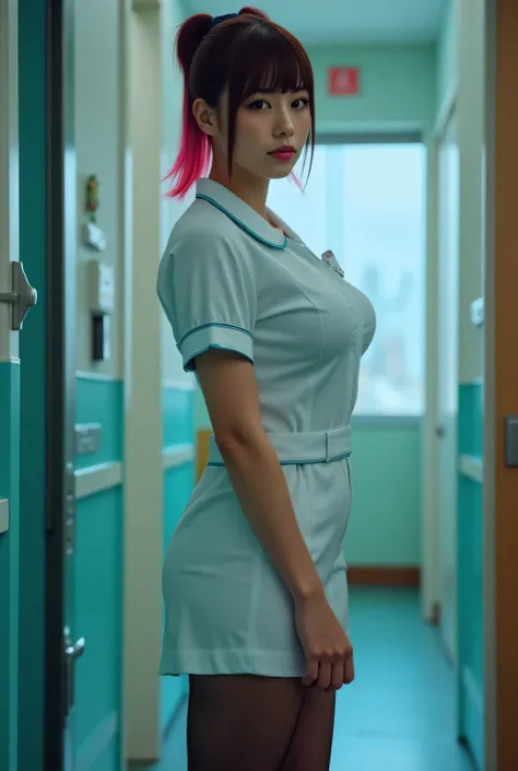 (Nurse skirt uniform), thighs wearing pantyhose.
Big breasts.
Fascinating hospital room.
Moment the curtains are opened.
Super beautiful Japanese woman, villainess, evil nurse, looks like a intimidating dominatrix, closed mouth, condescending gaze, staring...