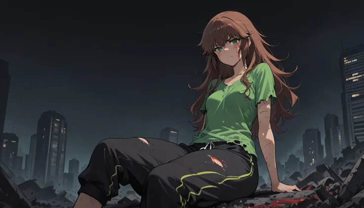 ((1girl)) ((Teen)), ((blood)) ((apocalypse)) ((Anime)) ((Dark Style)) A cute girl (17), long messy brown hair, green eyes, somewhat strong body, somewhat thick legs, normal weight, wearing a green t-shirt, short black sweatpants, dirty and slightly torn cl...