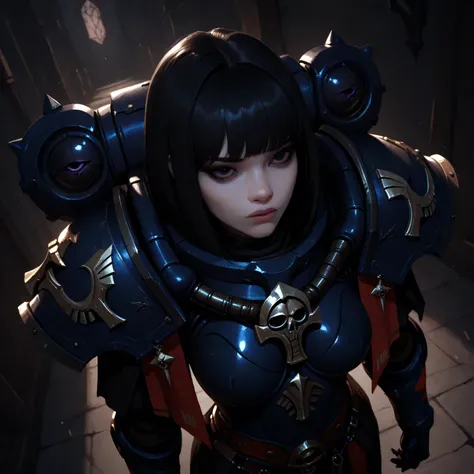 masterpiece, best quality, 1 girl, 16 yo, dark eyes, aloof, long black hair, bangs, Sororitas, worn matte dark blue power armor, stylistic, dark fantasy, high detail, absurd, high res, dramatic angle, waif, high angle,