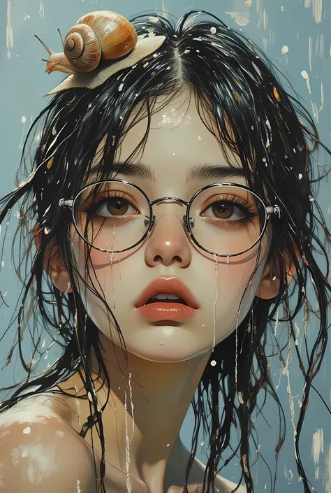 layered paint,close-up portrait of a woman wearing round eyeglasses and a realistic thick mustache, standing in the rain with soaking wet hair plastered to her forehead and cheeks, rainwater streaming down her face and glasses, a small snail resting on top...