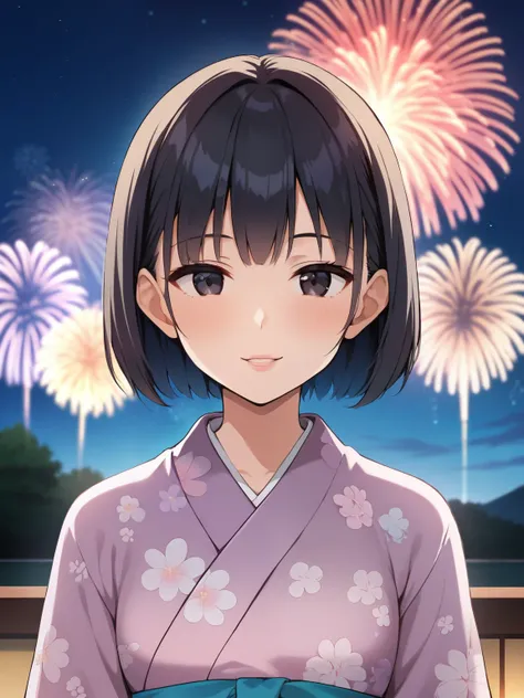 score_9, score_8_up, score_7_up, (nsfw, Arakure), (1girl, solo), (upper body, stare at the viewer on your lips), (short black hair, bob cut, Blunt Bang), (black eyes, drunk eyes)，Smile，(blush:1.2), (Beautiful kimono , Kimono, floral print, band, long sleeve, Obi )，young woman，Petite Body，Short Height，skinny，Japan's large lakeside, (Night Sky, Aerial fireworks，beautiful fireworks)，Authentic setting，anime style，glitter，depth of subject，fisheye lens，glitter，