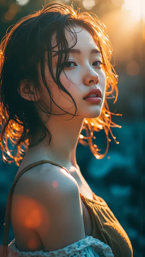 Masterpiece, photorealistic. Golden hour sunlight. Beautiful woman, wet hair, slicked back. Glistening skin. Sun-kissed glow. Water droplets catching the warm light. Serene, blissful expression. Backlit, lens flare. Soft focus background.
