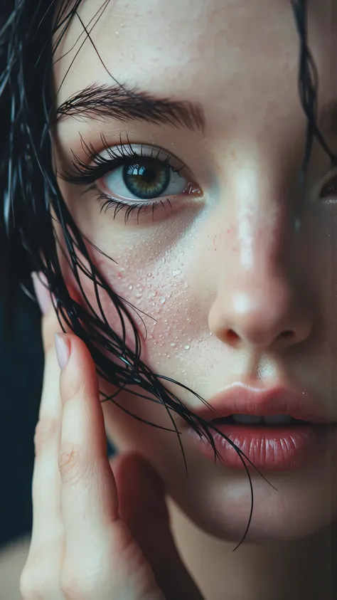 Macro photography, hyper-realistic. Extreme close-up on a beautiful face. Water droplets on eyelashes and skin. One hand gently brushing wet strands of hair from her cheek. Neutral, soft expression. Every pore and droplet in sharp focus.
