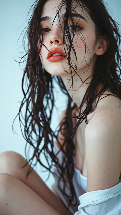 High-key lighting. Pure white background. Beautiful woman, wet hair, creating stark, dark lines against the white. Simple, elegant pose. Focus on form and contrast. Clean, minimalist aesthetic.
