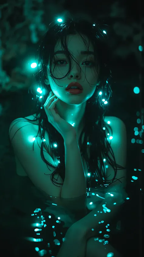 Fantasy, dark environment. A woman emerges from a dark pool. The only light source is glowing, bioluminescent algae clinging to her wet hair and shoulders, casting an ethereal, blue-green light on her skin.
