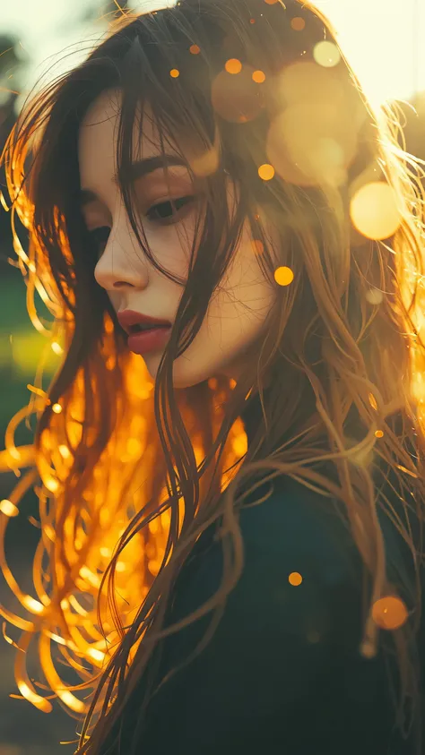 Abstract, sensual. Instead of water, thick, transparent golden honey or syrup drips through a woman's hair. The viscosity of the liquid creates slow, dramatic light distortions and a deep, warm glow. Close-up on texture and light.
